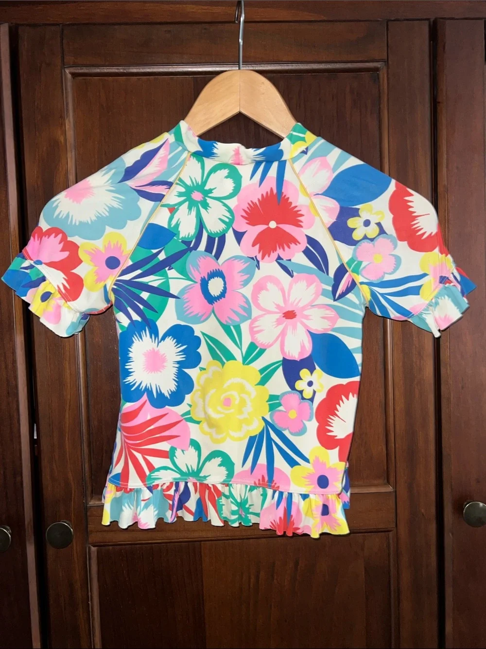 Mini Boden Colorful Flower Ruffle Hem Rashguard Swim Top 6-7 Years 122cm